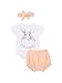 Carolilly 3 Pièces Tenue de Vêtement pour Bébé Fille Nouveau-Née Ensemble de Vêtement Lapin Imprimé Été Barboteuse à Manche Courte + Short+ Bandeau Tenue de Pâques 0-24 Mois