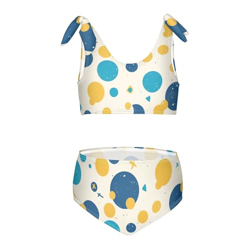 KLL Blue Gold Pois Polka Dots Girls 2 Piece Bikini Set Scoop Neck Swimsuit Swimwear Adjustable Shoulder Strap