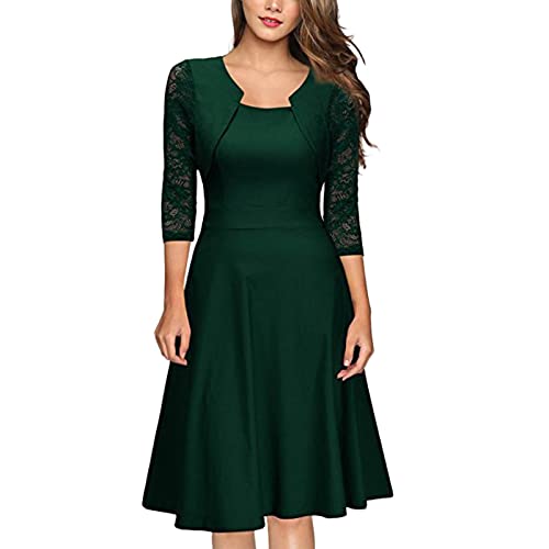 Cocktailkleid Damen Kurz Elegant, A-Linien Kleid Festlich V-Ausschnitt 3/4 Arm Mit Spitze, Elegantes Swing Knielang Festliches Ballkleid Einfarbig...