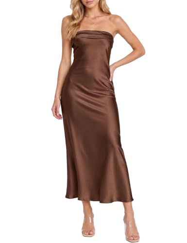 Realtix Summer Satin Strapless Backless Maxi Dress for Women Wedding Guest