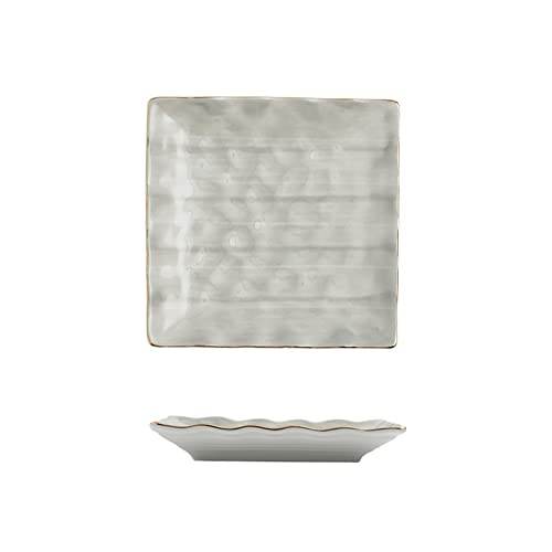 Assiettes carrées en céramique à Bords dorés irréguliers et Lignes Blanches, Lot de 2, 7 Pouces, Gris Clair
