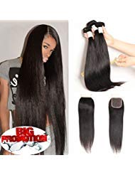 Baby Young hair(18 20 22 +16Closure) Brazilian Straight Human Hair 3 Bundles with Lace Closure Free Part Straight Virgin Brazilian Hair with Bundles Natural Black Color Straight Hair Weaves Extension