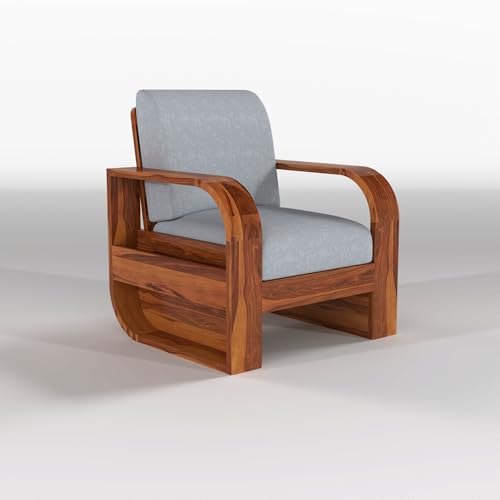 Image of Solid Sheesham Wooden 1 Seater Sofa Set with Grey Cushion for Living Room Furniture - Honey Finish