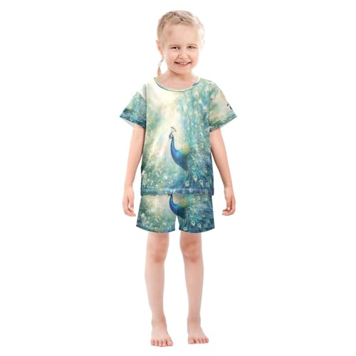 ALAZA Peacock Green Bird Pajamas Set Short Sleeve Cotton Sleepwear Summer Pjs 2 Piece 5-14Y3