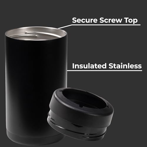 Image of HydroJug Standard Can Cooler - 2-in-1 Insulated Can Cooler Cup - Stainless Steel Can Holder with Non-Slip Rubber Base - Screw-Top Lid - Dishwasher Safe - 16oz, Black