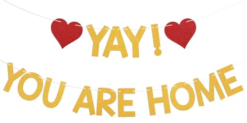 Image of Yay! You're Home! Banner - Welcome Back to Home Sign, Family Reunion Party Bunting Sign, Welcome Home Party Decorations Gold Glitter