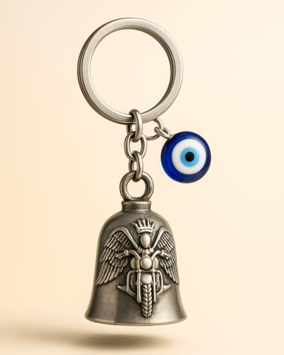 Image of Tiny Tim Guardian Bell with Evil Eye Charm - Protective Motorcycle & Car Accessory - Tibetan-Inspired Design - Wards Off Negative Energy - Ideal Gift for Bikers & Travelers