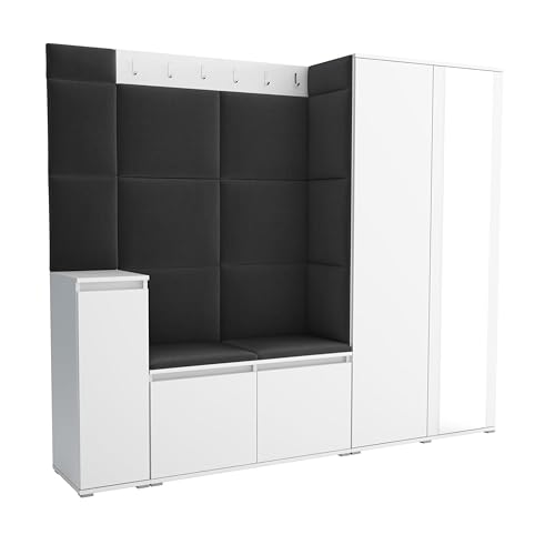 Brent - Garderobenschrank Flur Weiß mit sitzbank 220 cm Breit Luton 8 - Multifunktionale Flurgarderobe Set mit Stauraum und Wandpaneel, Garderobe mit Sitzfläche und Kleiderhaken