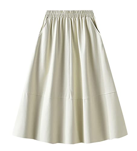 Women's Casual Midi Skirt A-line High Waist Skirt PU Leather Flared Skatter Skirt