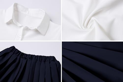 Image of Betusline Girls Skirt Set JK School Uniform 2-Piece Outfit - Short Sleeve Shirt with Bow & Pleated Skirt 4T-14Y