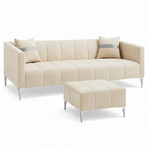 Image of Solomon 4 Seater L Shape Sofa Set with Movable Ottoman | Flexible Left or Right Layout | Luxe Velvet Suede Fabric | Comfortable Seating | Modern Sofa for Living Room - Cream