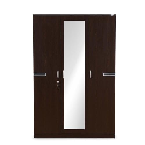 Image of Nilkamal Riva 3 Door Wooden Wardrobe with Mirror for Bedroom | Almirah with 7 Shelves, 2 Hanging Rods, 1 Lockable Drawer | Clothes Cupboard | Engineered Wood | Wenge