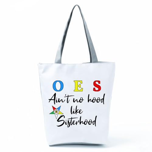 Bolso tote con cierre de cremallera OES 'Ain't No Hood Like Sisterhood', estampado con estrellas coloridas, para mujer, regalo de cumpleaños o hermandad (blanco) miniatura 1