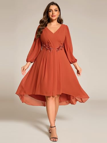 Ever-Pretty Plus Women's Trendy V Neck Hollow Out Long Sleeves Chiffon Applique Plus Size Midi Semi Formal Dresses 02926-DA4