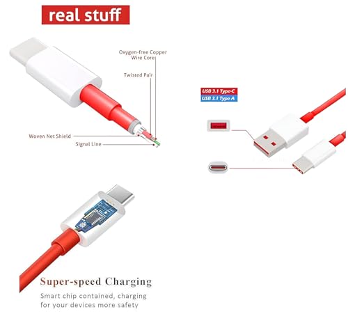 Image of One Plus compatible 100W Fast Charging Cable USB to Type C For One Plus 13 12 11 10 9 8 Series, Nord 4 /3 /2, CE 4 /3 /2 Lite | Red SuperVOOC Data Cable | Supports Warp, Flash Charge 1 Meter (Pack of 1)