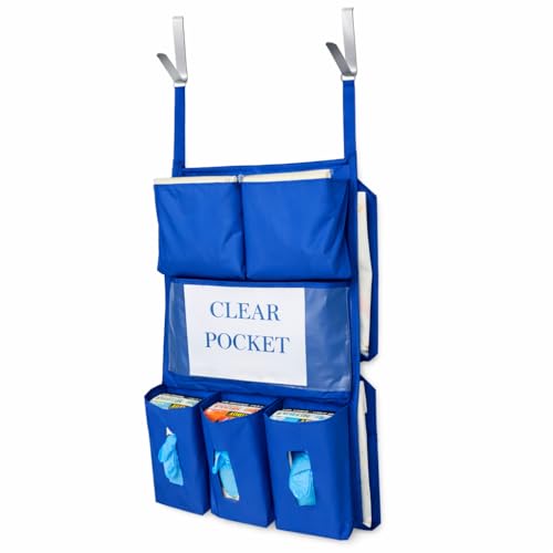 Image of It's Sew EZ PPE Isolation Door Caddy - 8 Pockets - NFPA-701 Fire Resistant Nylon Oxford with Two Stainless Steel Hooks included (Royal Blue)