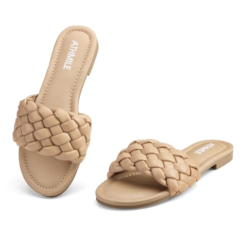 Image of ATHMILE Braided Sandals for Women, Open Toe Flat Summer Slides, Nude Sandal | Woven braided upper with round open toe design, lightweight flat style for beach trips, vacations, and summer outfits.