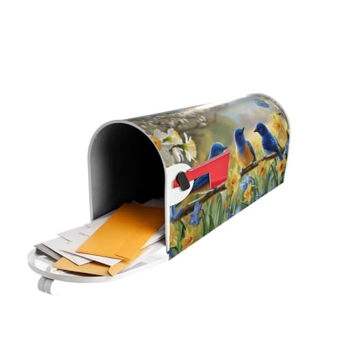 Image of Spring Summer Flowers Magnetic Mailbox Covers Standard 18 X 21 Inch Blue Birds Daffodils Floral Mailbox Cover Waterproof Post Wraps Spring Mailbox Cover for Garden Yard Home Decoration
