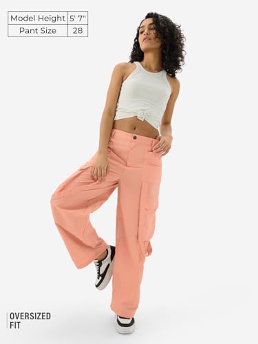 Image of The Souled Store Coral Women and Girls Buttoned Solid Nylon Loose Fit Parachute Pants