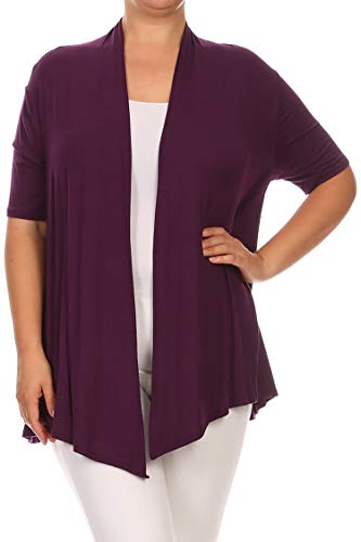 Plus Size Solid Print Casual Short Sleeve Draped Open Front Cardigan/Made in USA Plum 2XL