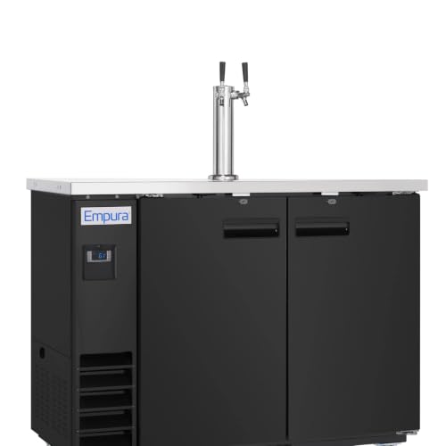 Empura 49" Dual Tap Beer Dispenser | Commercial Direct Draw Draft Kegerator for Restaurant Bar | (2) 1/2 Keg Capacity | 49.1"W x 24.4"D x 36.2"H, Stainless Steel Faucet Countertop, Black, 115v, NSF