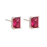 Women’s Classic Sterling Silver Emerald Cut Stud Ruby Cubic Zirconia, Rose Gold Studs Earrings 7MMx5MM Hypoallergenic & Nickel Free for Sensitive Ears, Jewellery Gifts for Her,Valentines,Birthday Gift