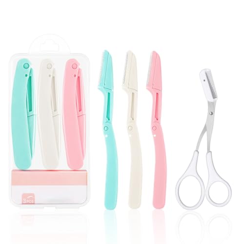 3 Cuchillas Faciales Plegables + 1 Tijera para Cejas Set con Bolsa de Almacenamiento, Herramientas de Depilación Facial y Dermaplaning para Mujeres y Hombres