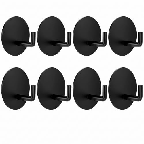 Image of Adhesive Hooks, Shower Wall Stick on Hooks, Round, Black | Metal Material, Compact Design, Peel and Stick, for Bathroom Kitchen Livingroom Office RV