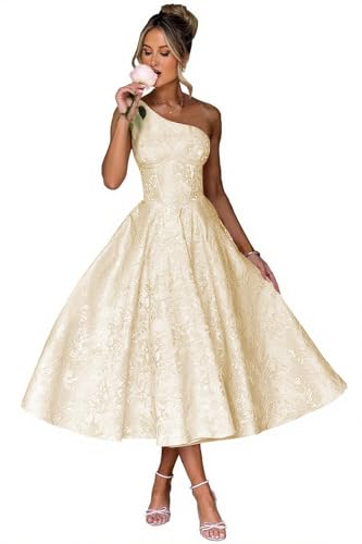 Jacquard Floral Satin Prom Dresses 2025 One Shoulder A-Line Midi Formal Evening Party Gown with Pockets for Women4