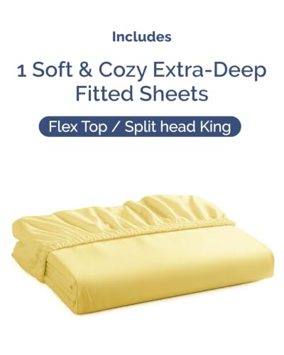 Image of Extra Deep Flex Top Split Head King Fitted Sheet - Hotel Luxury Single Fitted Sheet Only - Easily Fits 18 inch to 24 inch Mattress - Ultra Soft, Wrinkle Free w /Extra Deep Pockets - Yellow
