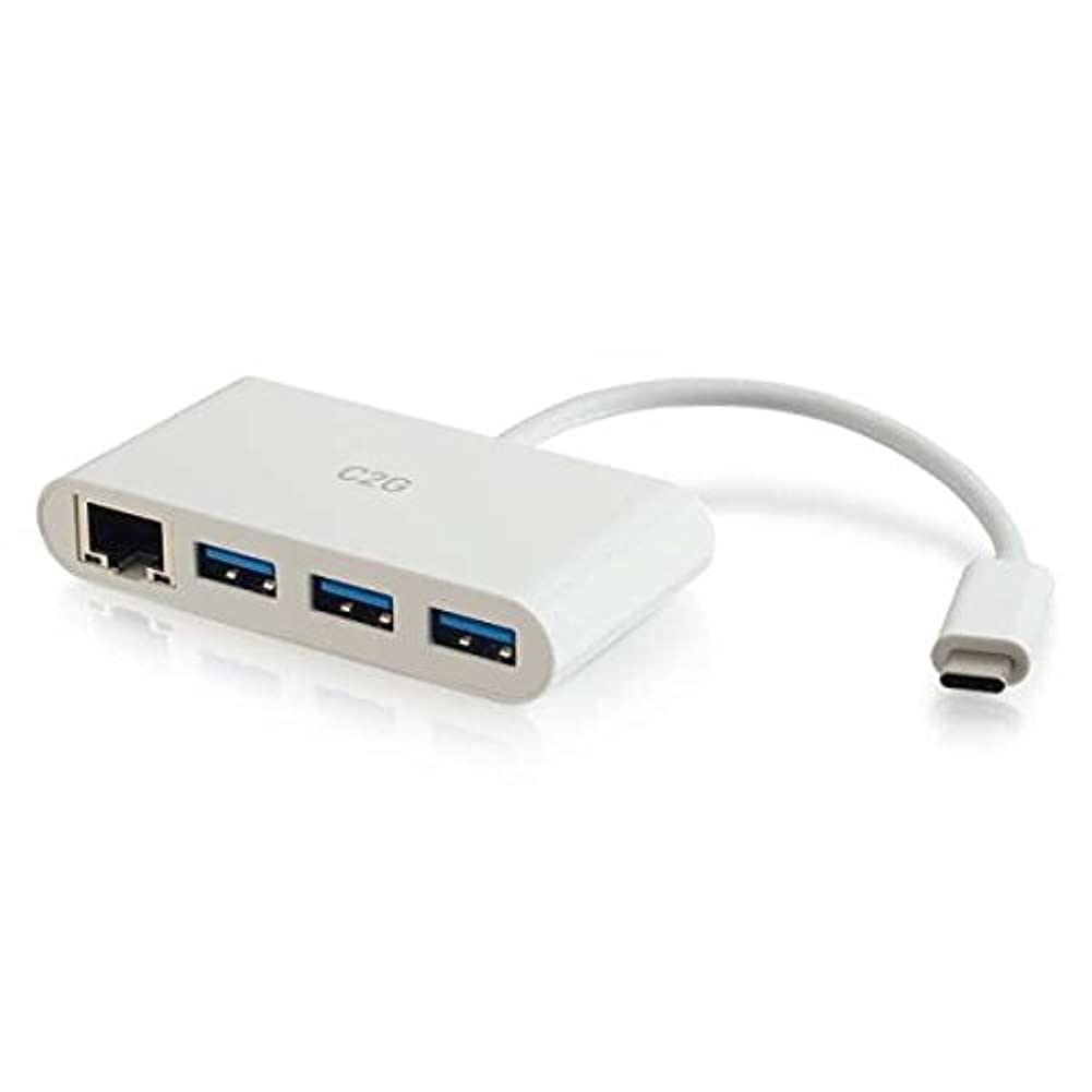 C2G Adaptador USB-C® a Ethernet (RJ45) con 3 Puertos USB A 3.0 - Hub USB C - Blanco