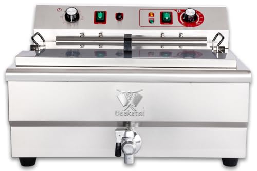 Beeketal 'BWF-301P' Profi Gastronomie Kaltzonen Fritteuse/Fettbackgerät mit seitlichem Abtropfgitter (30l Volumen für max. 24l Öl) Edelstahl Gastro Friteuse mit Doppelheizspirale und Fettablaufhahn