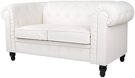 Naomi Home Emery Chesterfield Loveseat, Luxurious Comfort for Cozy Living Rooms, Mid-Century Modern Couch, 2-Seater Loveseat Couch for Small Space, White, PU Leather