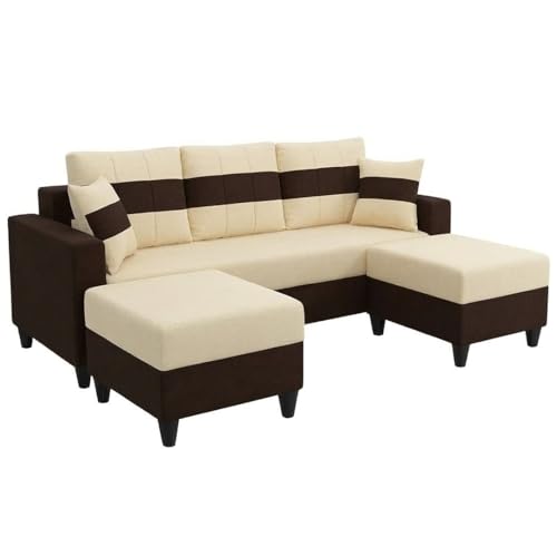 Image of Cavona 5 Seater L Shape Sofa Set with 2 Movable Ottomans | Flexible Layout | Luxury Velvet Suede Fabric | Modern Living Room Sofa | Dark Brown-Cream