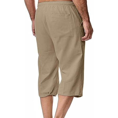 Men's Linen Harem Capri Pants Casual Lightweight Drawstring Yoga Pants Baggy 3/4 Beach Trousers with Pockets4