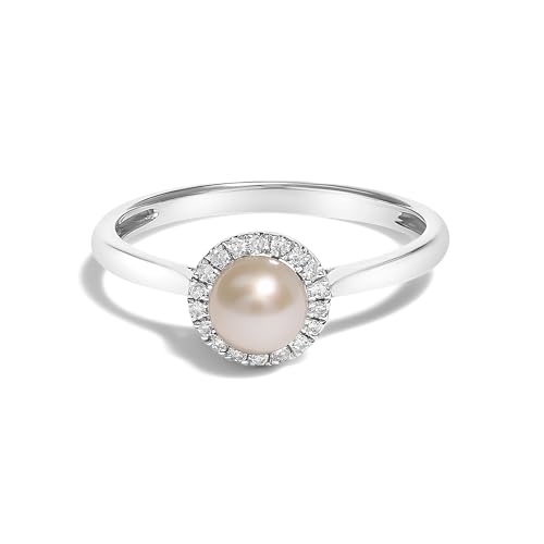 Haus of Brilliance 10K White Gold 5MM Cultured Freshwater Pearl and Diamond Halo Ring (I-J Color, I1-I2 Clarity) - Ring Size 7