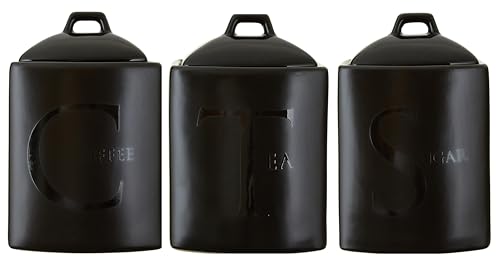 Kitchen Storage Canisters Set of 3, Black Ceramoc Tea Coffee Sugar Containers, Removable Lid with Handle