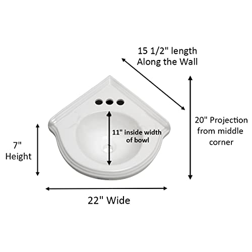 Renovators Supply Manufacturing Portsmouth 22" W Corner Wall Mount Bathroom Sink White Heavy Duty Ceramic Bowl With Overflow, Bracket And Backsplash Grade A Porcelain Space Saving Sink #TOP1