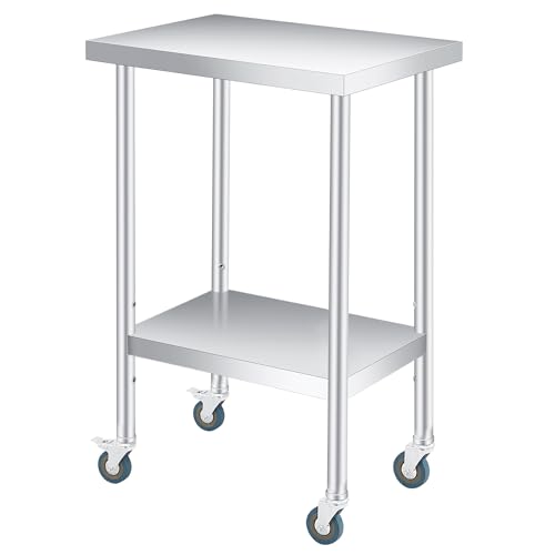 Image of Stainless Steel Table, 24 inch x 12 inch Heavy Duty Worktable with Adjustable Undershelf and Locking Casters, 2 Tier Metal Prep Table for Commercial Kitchen, Restaurant, Garage
