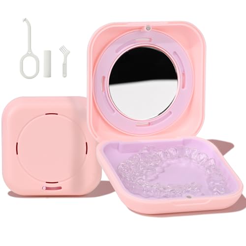 HEMILAB Estojo Para Contenção, Fino Alinhador Com Espelho, Compatível Invisalign, Bonito Contenção Ortodôntica Ferramenta De Remoção E Escova, Rosa