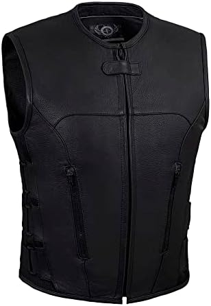 True Element Mens Swat Team Style Leather Motorcycle Vest with Side Size Adjustment (Black, XX-Large)