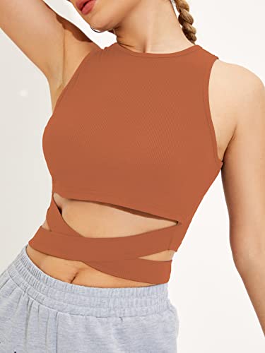 Image of Shasmi Women's & Girl's Black and Orange Solid Ribbed Round Neck Collarless Sleeveless Slim Fit Lace Up Tank Tops (Top 45)