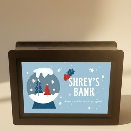 Image of Xmas Personalized Name Gullak 9x5.5 Inch | Wooden Money Saving Box for Kids & Adults | Christmas Gift Idea for Brother, Sister, Son, Daughter, Friend, Office, Secret Santa