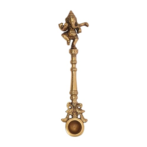 Image of Brass Hawan Spoon with Ganeshji on Top - for Puja, Hindu Puja Essentials, Hawan Spoon, Pooja Thali Accessories, Puja Room Decor, Spiritual Decor, Meditation Accessories - 1001