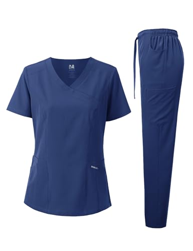 Dagacci Medical Uniform Women's Scrub Set 4-Way Stretch Y-Neck Stitch Tape Top and Pants (Navy Blue, Medium)