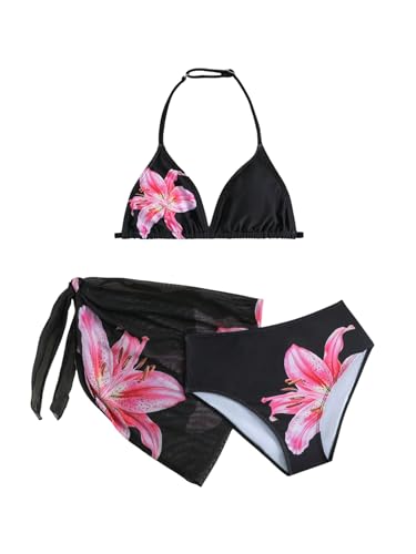 RoseSeek Girls 3 Piece Swimsuits Floral High Waisted Bikini Bathing Suit with Mesh Coverups Skirt Black and Pink 11 Years