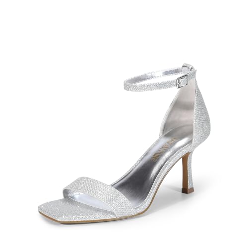 DREAM PAIRS Women's High Stilettos Open Square Toe Ankle Strap Heels Sexy Fashion Comfort Dress Shoes Wedding Bridal Pumps Heeled Sandals 6.5 Silver-glitter