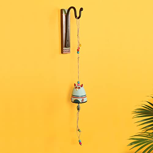Image of Aakriti Art Creations Kitty-Kat Terracotta Hanging Door Bell with Metal Stand | Handmade Modern Art Terracotta & Metal Hanging Bell | Decorative Entryway for Home, Balcony & Gifting
