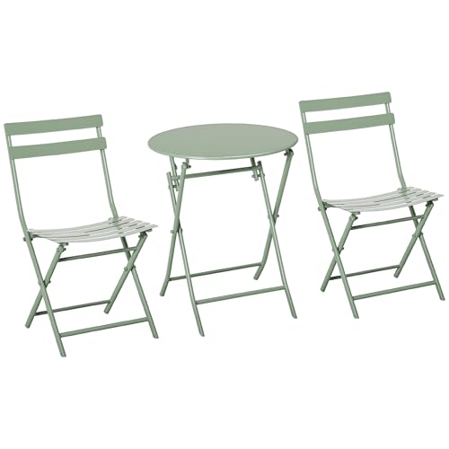 Outsunny Salon de Jardin 2 Personnes - Ensemble Table bistrot Jardin Pliable - Ronde Ø 60 cm avec 2 chaises Pliantes - métal thermolaqué Vert