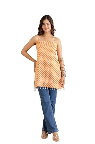 Image of Women's Printed Halter Neck Kurti Top | Sleeveless V-Neck Short Tunic with Back Tie-Up | Casual Ethnic & Summer Wear